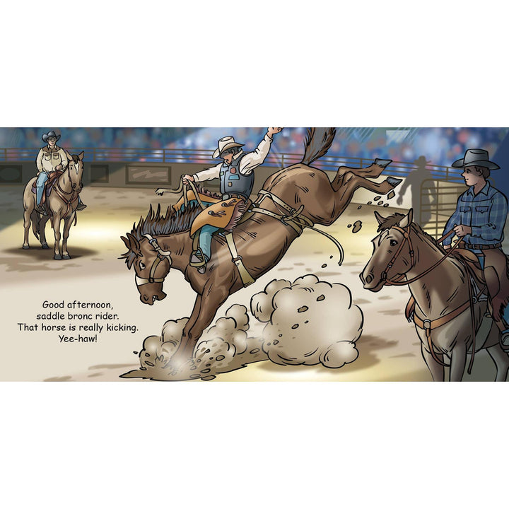 Vibrant illustration from Good Night Rodeo showing rodeo clowns and steer wrestling in the arena.