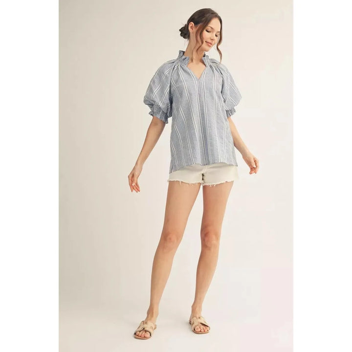 Chloe | Striped Ruffle Neck Puff Sleeve Textured Top