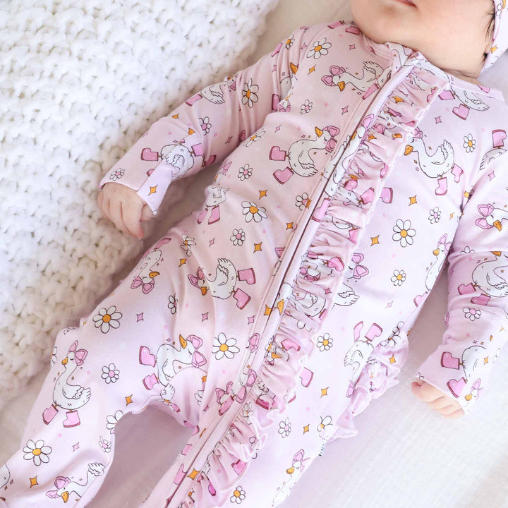 Silly Goose Ruffle Zipper Footie | Pink
