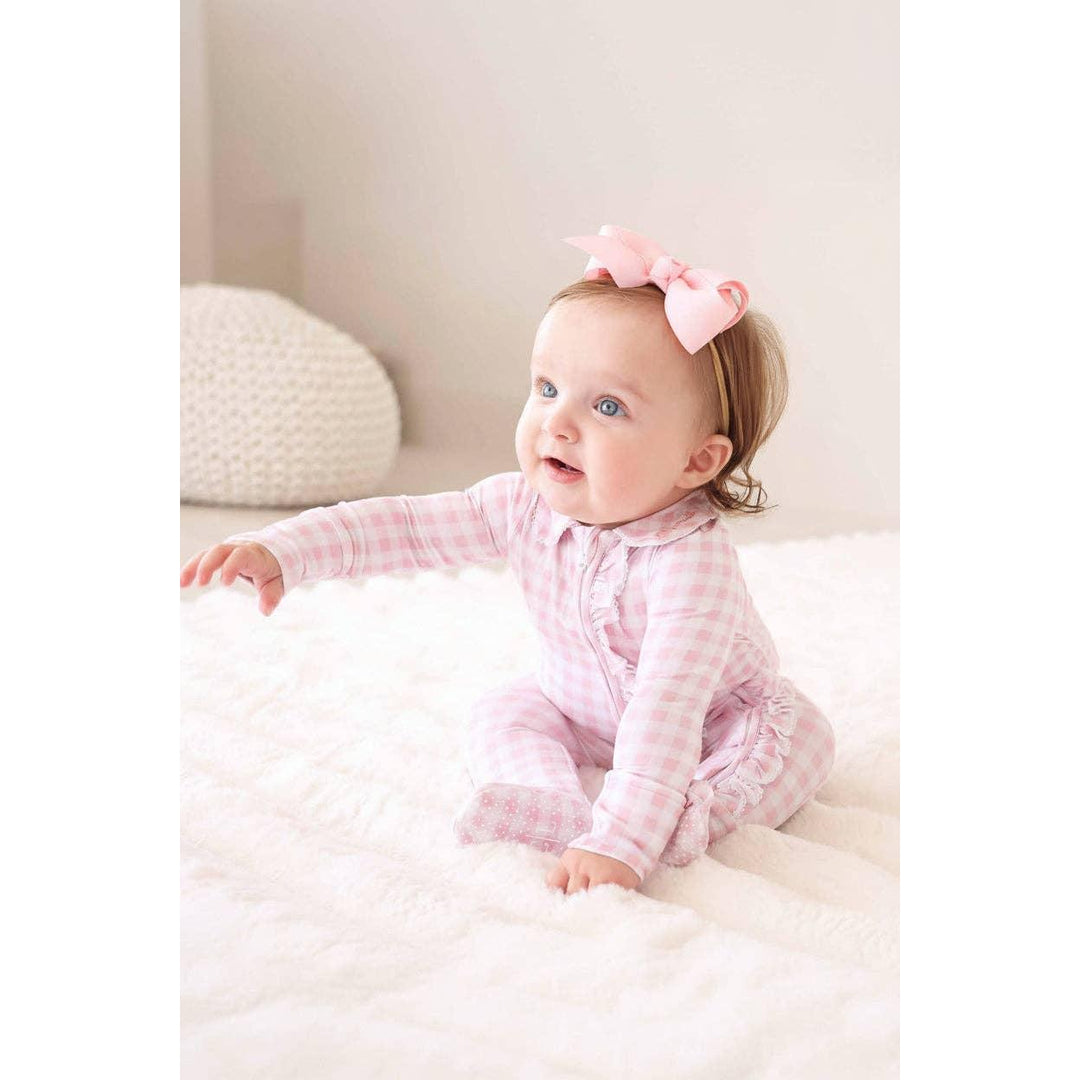 Peter Pan Collar Ruffle Zipper Footie | Rosy Gingham