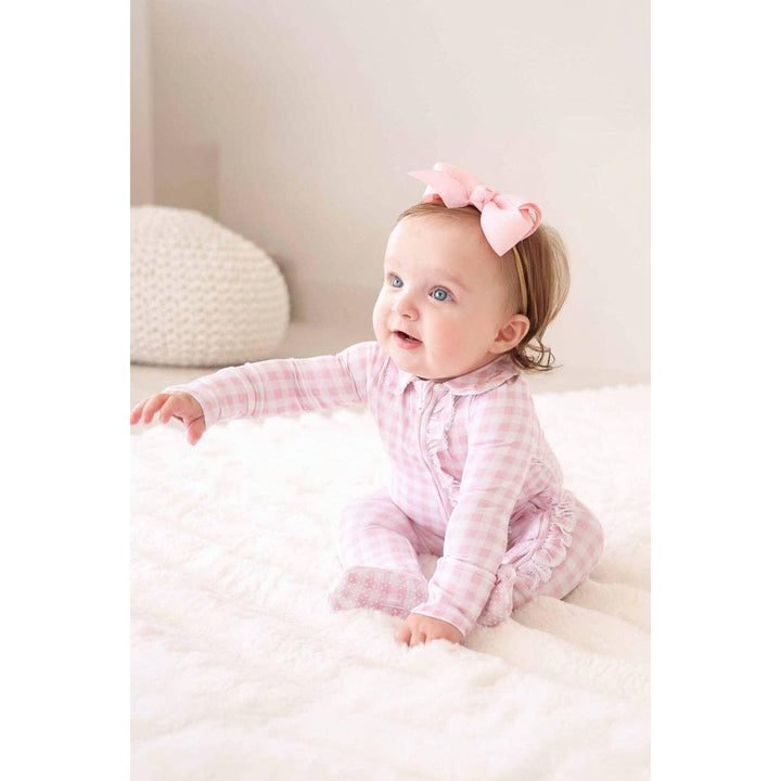 Peter Pan Collar Ruffle Zipper Footie | Rosy Gingham