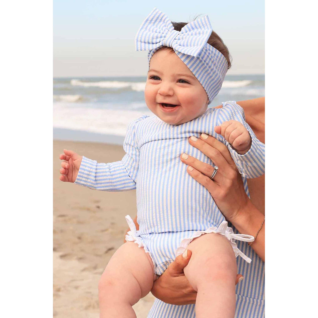Long Sleeve Rash Guard With Ruffle Bottom | Seersucker Blue Wholesale