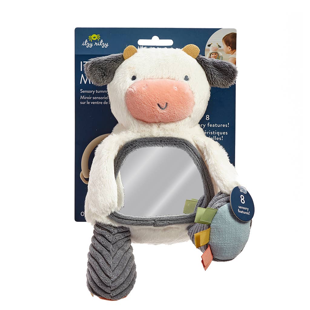 Plush toy sheep with a mirror on a blue packaging background