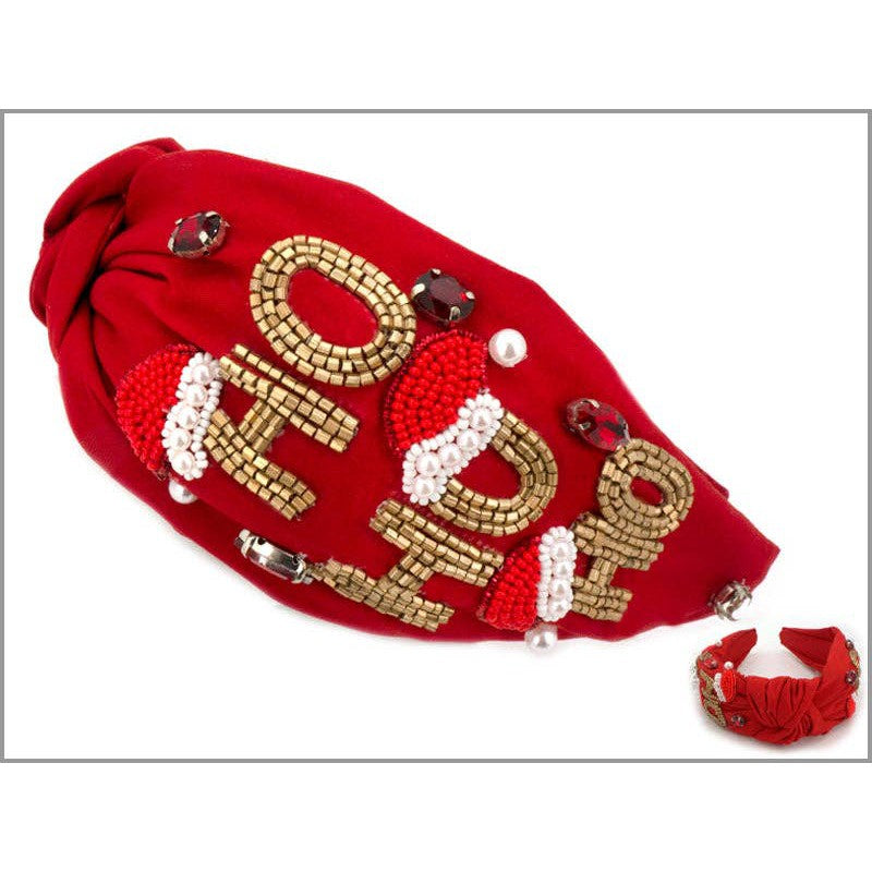 Red Headband with Seed Bead Ho, Ho, Ho