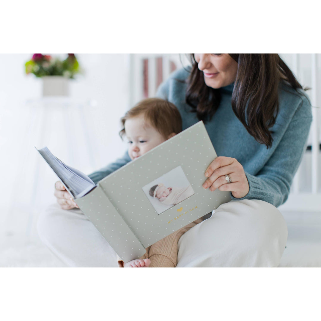 Baby Photo Album Keepsake — Gray Polka Dot with Cover Photo Window