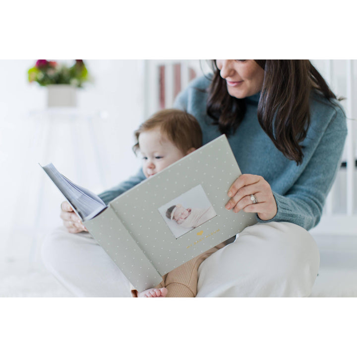 Baby Photo Album Keepsake — Gray Polka Dot with Cover Photo Window