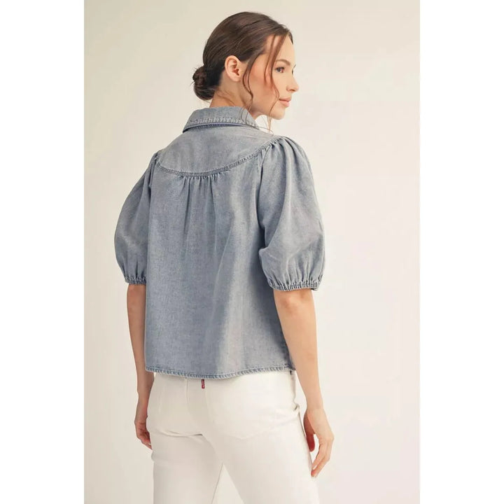 River Washed Denim Puff Sleeve Button Down Top - Denim