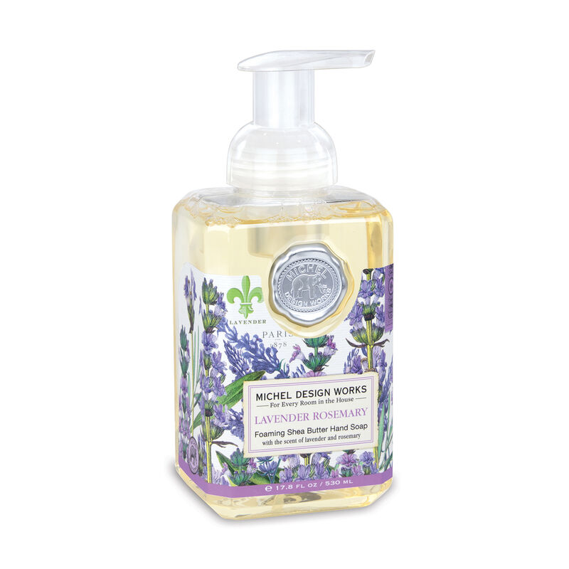 Michel Design Works Lavender Rosemary Foaming Hand Soap featuring a beautifully illustrated pump bottle.