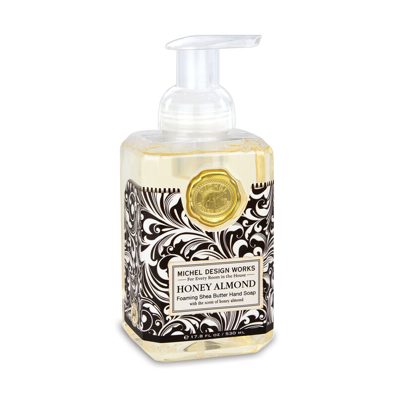 Michel Design Works Honey Almond Foaming Hand Soap featuring a beautiful decorative pump bottle.
