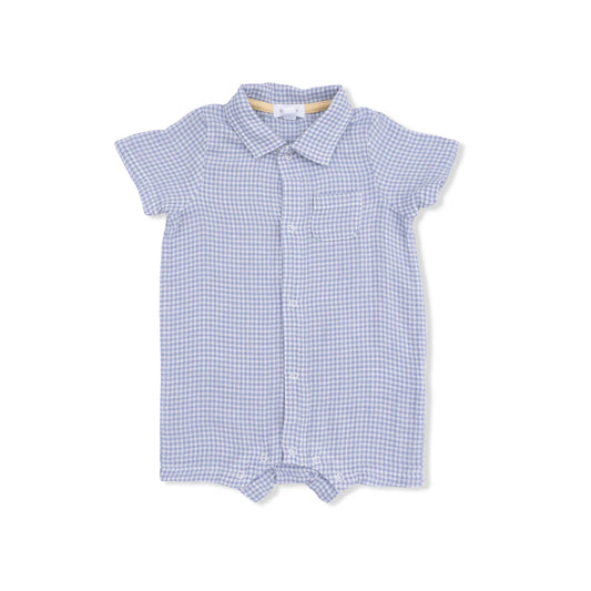 Baby boy light blue micro-gingham organic muslin polo shortie with button-down front.