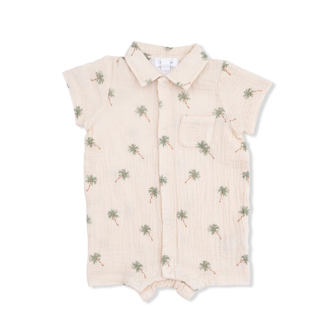 Baby boy organic muslin polo shortie with a green palm tree print on an alabaster background