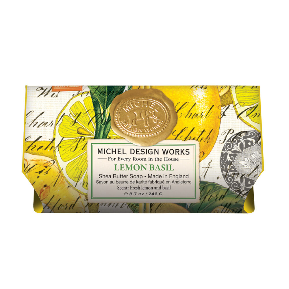 Michel Design Works Lemon Basil large bath soap bar wrapped in signature decorative yellow botanical packaging.
