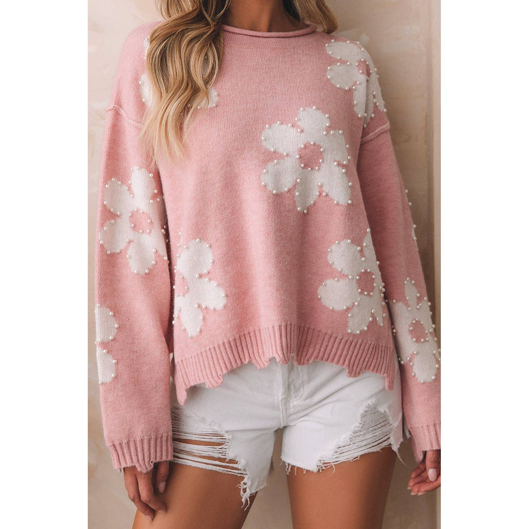 Jaycee Pearl Beaded Floral Drop Shoulder Sweater
