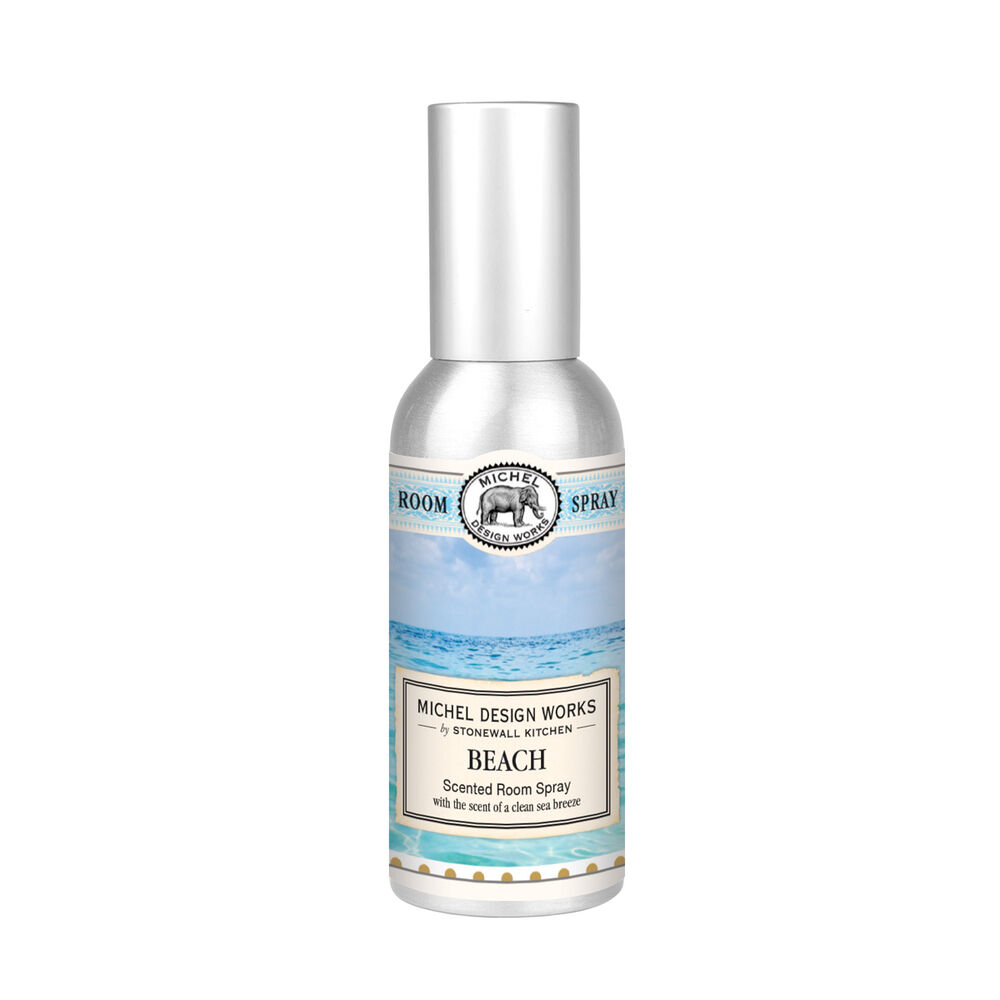 Michel Design Works Beach Room Spray in a silver metal container featuring beautiful coastal artwork.