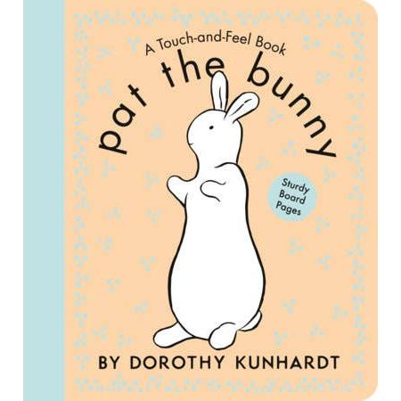 Front cover of the Pat the Bunny board book featuring the iconic white bunny on a soft pink and yellow background.