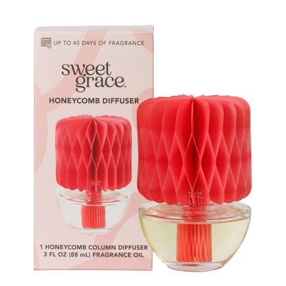Sweet Grace Everyday Honeycomb Diffuser with glass vase and red paper honeycomb; flame-free home fragrance.
