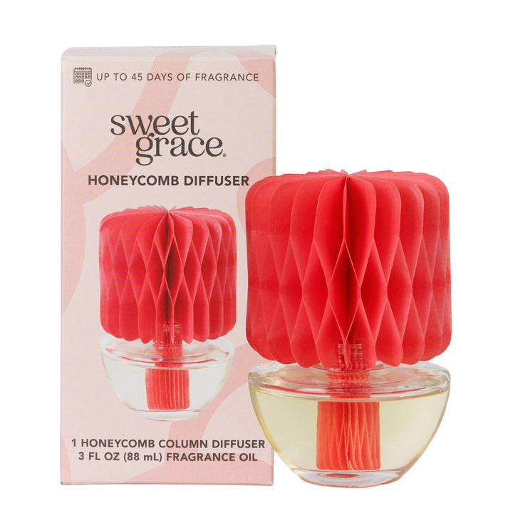 Sweet Grace Everyday Honeycomb Diffuser with glass vase and red paper honeycomb; flame-free home fragrance.