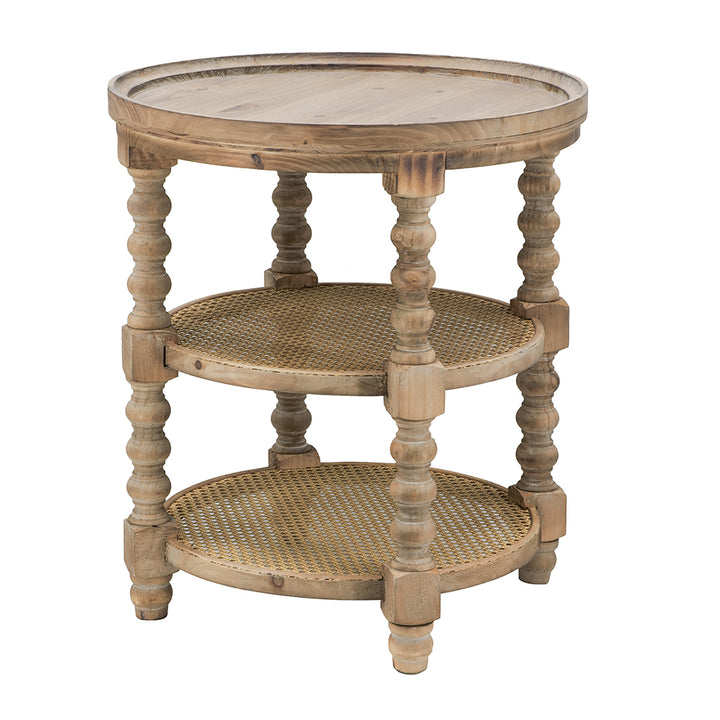 Round wooden side table with three shelves on a white background