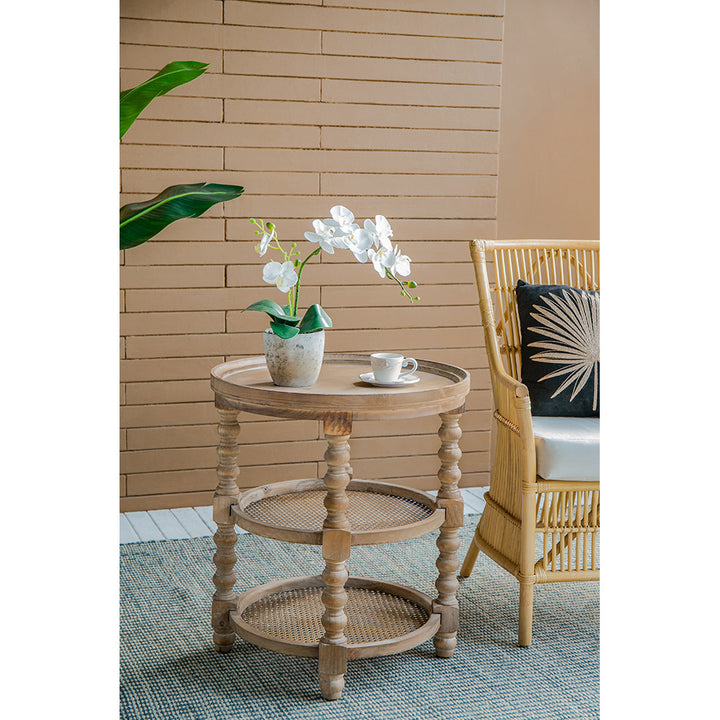 Three Tiered Brown Wooden Side Table with Rattan Shelves