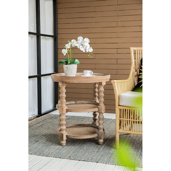 Three Tiered Brown Wooden Side Table with Rattan Shelves
