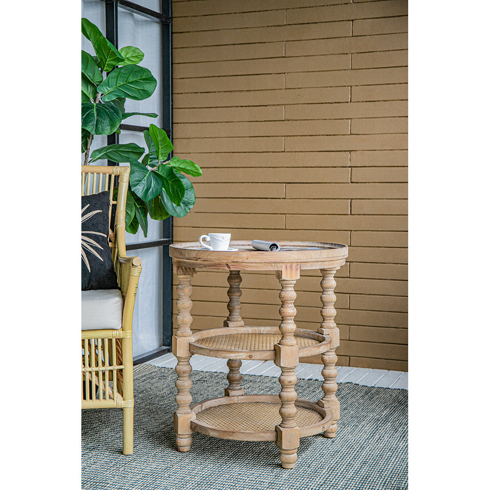 Three Tiered Brown Wooden Side Table with Rattan Shelves