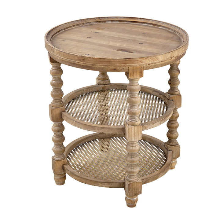 Three Tiered Brown Wooden Side Table with Rattan Shelves