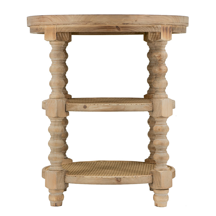 Three Tiered Brown Wooden Side Table with Rattan Shelves