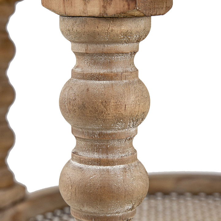 Three Tiered Brown Wooden Side Table with Rattan Shelves