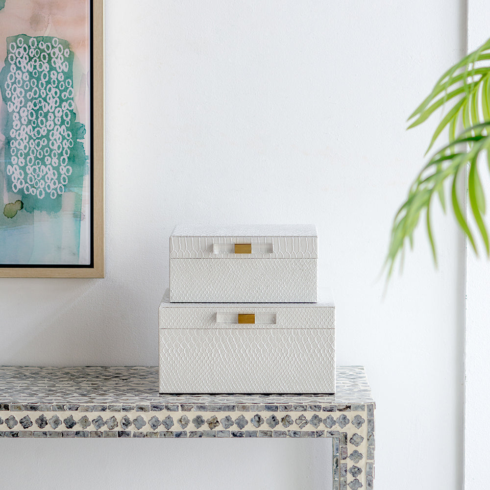 White Faux Snakeskin Boxes, Set of 2