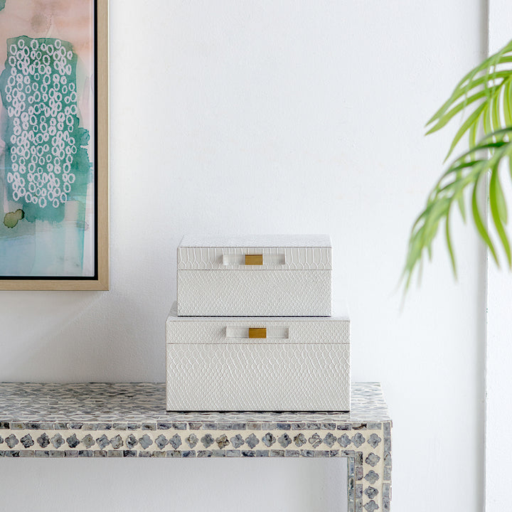 White Faux Snakeskin Boxes, Set of 2
