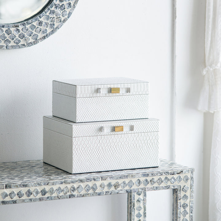 White Faux Snakeskin Boxes, Set of 2