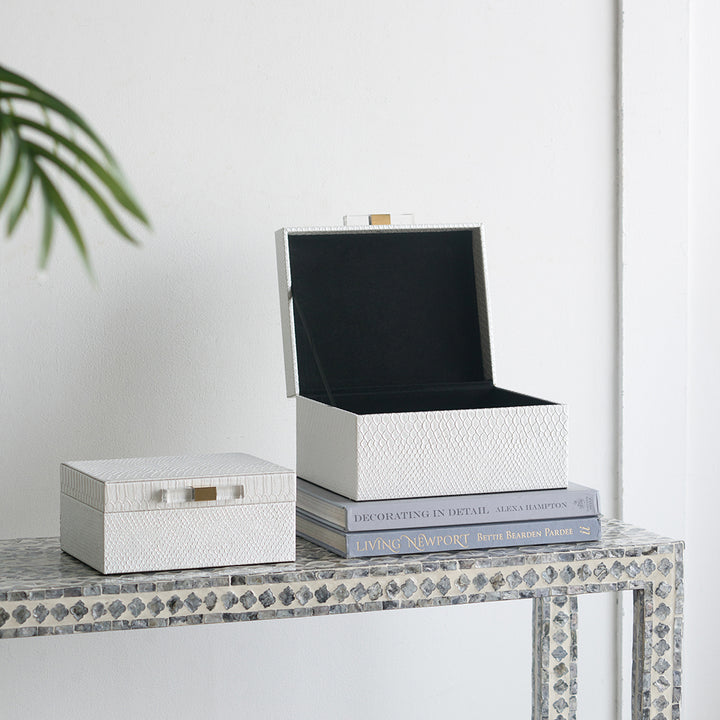 White Faux Snakeskin Boxes, Set of 2