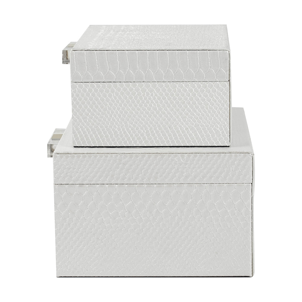 White Faux Snakeskin Boxes, Set of 2