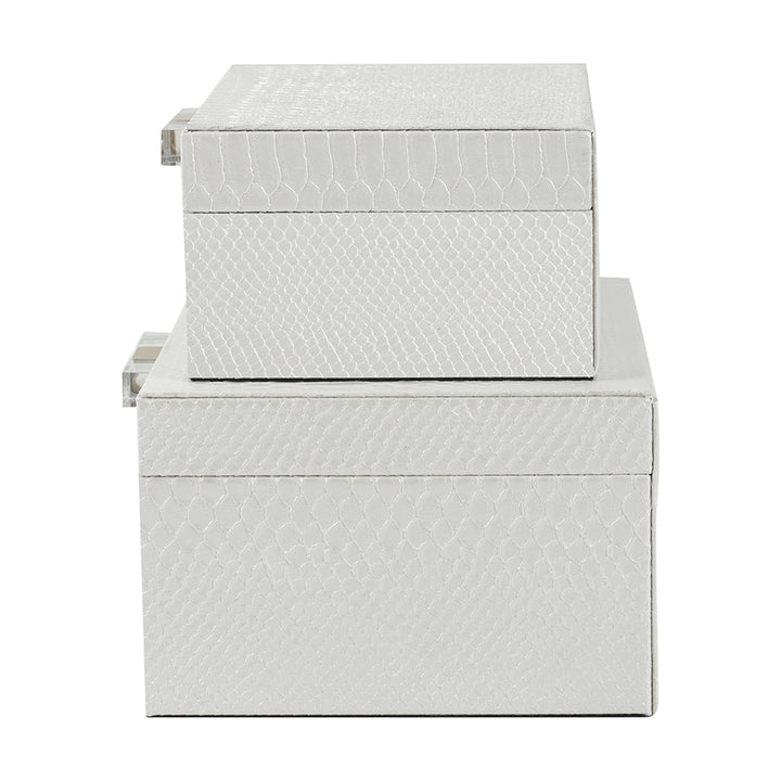 White Faux Snakeskin Boxes, Set of 2