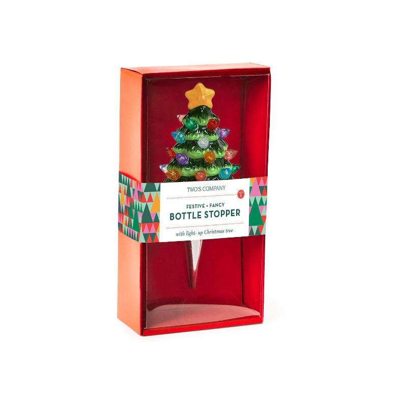 Two's Company Light-Up Tree Bottle Stopper featuring a colorful ceramic Christmas tree design with glowing LED lights.