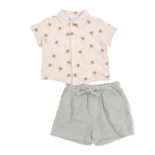 Palm Trees Bamboo Polo Button Up & Casual Short Set | Angel Dear