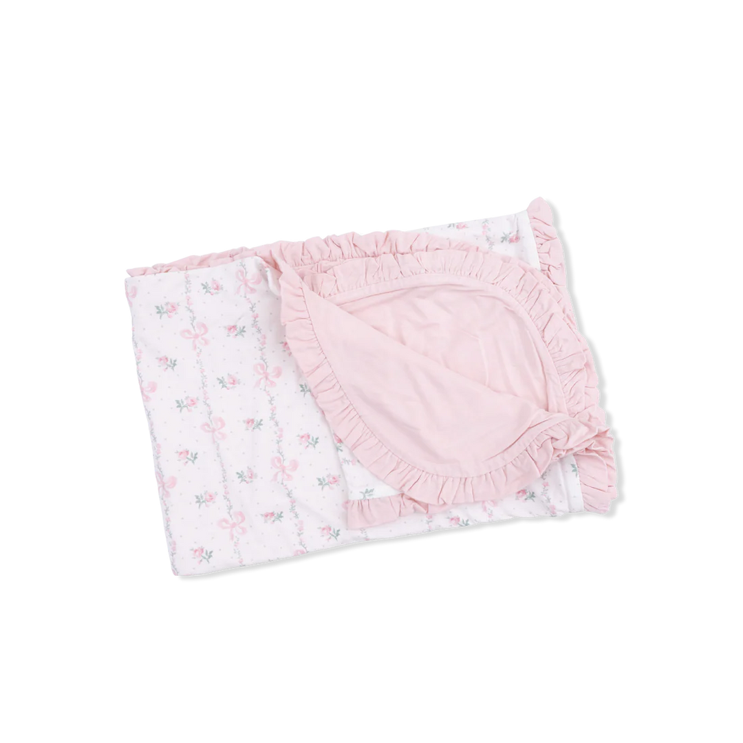 Baby girl bamboo ruffle receiving blanket in Dainty Buds and Bows floral print