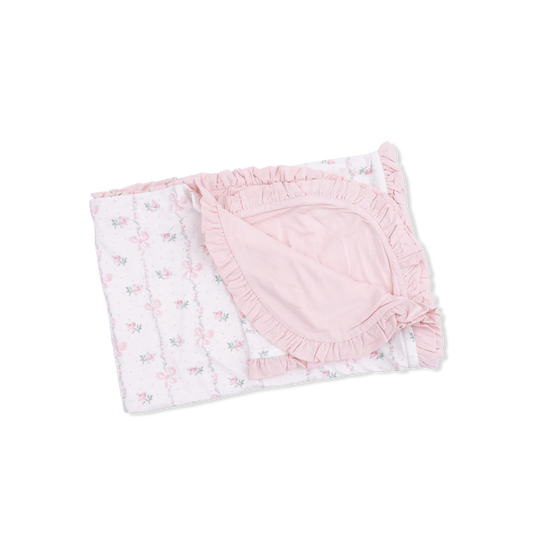 Baby girl bamboo ruffle receiving blanket in Dainty Buds and Bows floral print