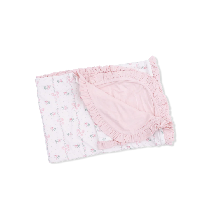 Baby girl bamboo ruffle receiving blanket in Dainty Buds and Bows floral print