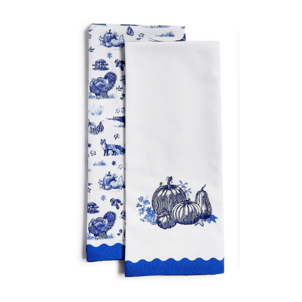 Two's Company Falling for Blue Toile Dish Towel Set of 2 featuring an embroidered and printed autumn design.