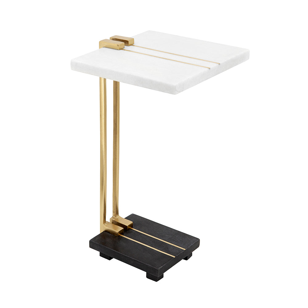 Side table with white marble top, gold legs, and black base on a white background