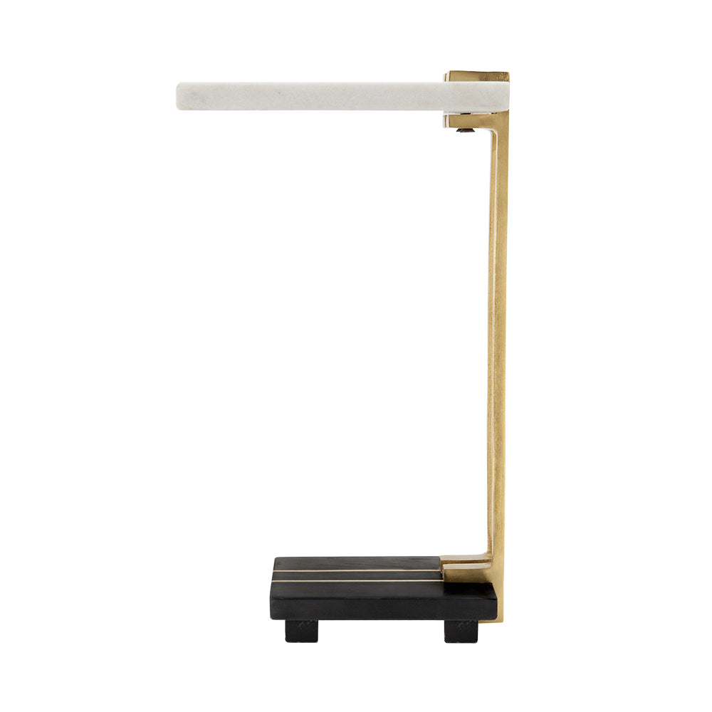 Aluminum and Marble C-Shaped Side Table, White/Gold/Black