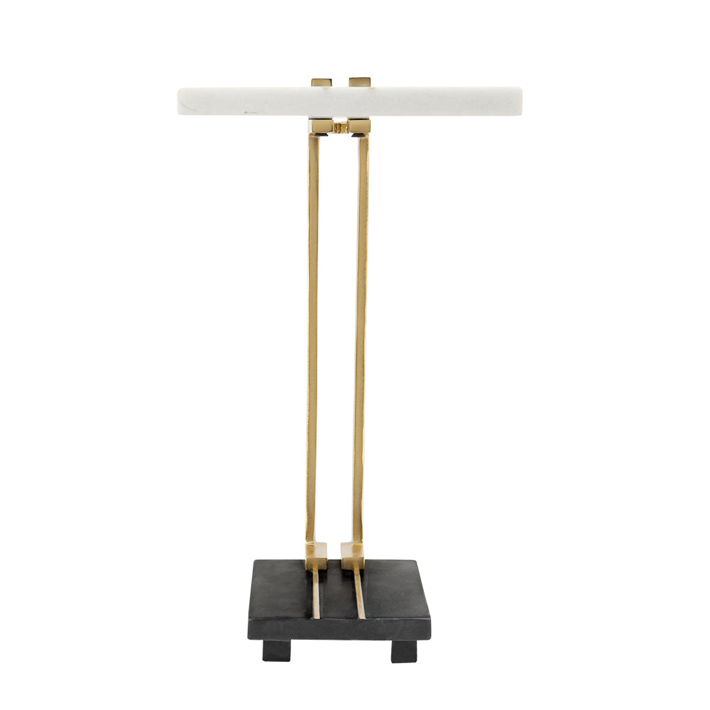 Aluminum and Marble C-Shaped Side Table, White/Gold/Black