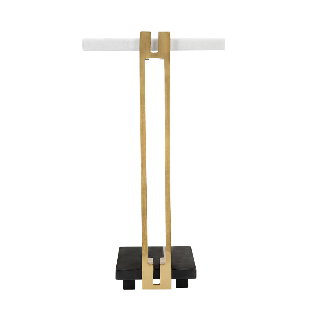 Aluminum and Marble C-Shaped Side Table, White/Gold/Black
