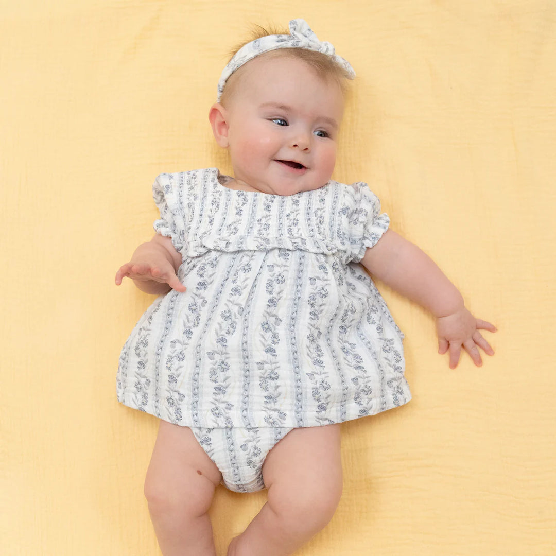Kimberly Floral Stripe Organic Muslin Smocked Ruffle Bubble | Angel Dear