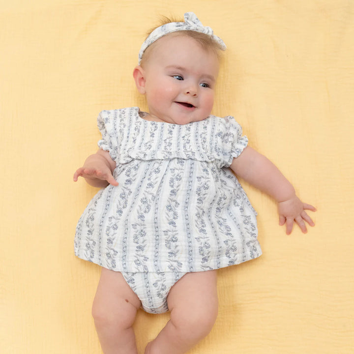 Kimberly Floral Stripe Organic Muslin Smocked Ruffle Bubble | Angel Dear