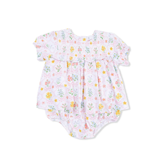 Baby girl bamboo smocked ruffle bubble romper with Spring Blooms bow trellis print and attached skirt