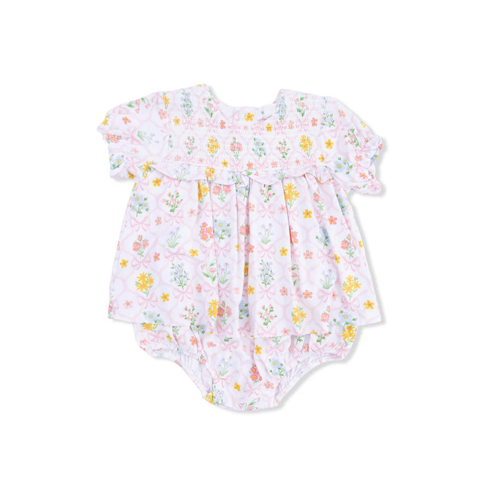 Baby girl bamboo smocked ruffle bubble romper with Spring Blooms bow trellis print and attached skirt