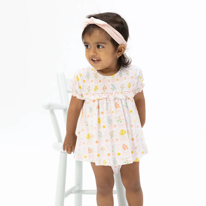 Spring Blooms Bow Trellis Bamboo Smocked Ruffle Bubble | Angel Dear