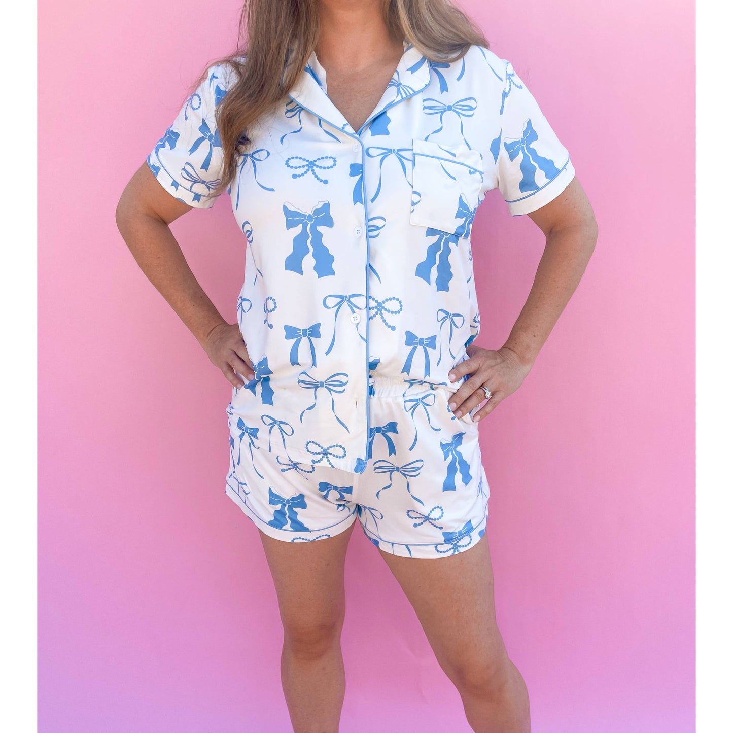 Blue and Cream Bows Short Sleeve Loungewear Pajama Set